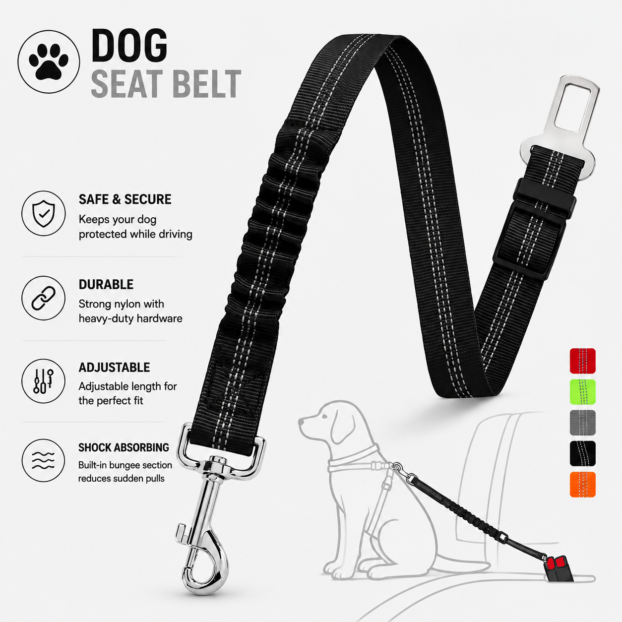 SafeRide™ Shock-Absorbing Dog Seat Belt